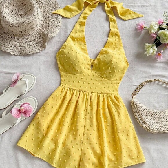 Yellow Boho Women's Textured swiss dot Mini Bodycon romper Beach - Picture 5 of 8